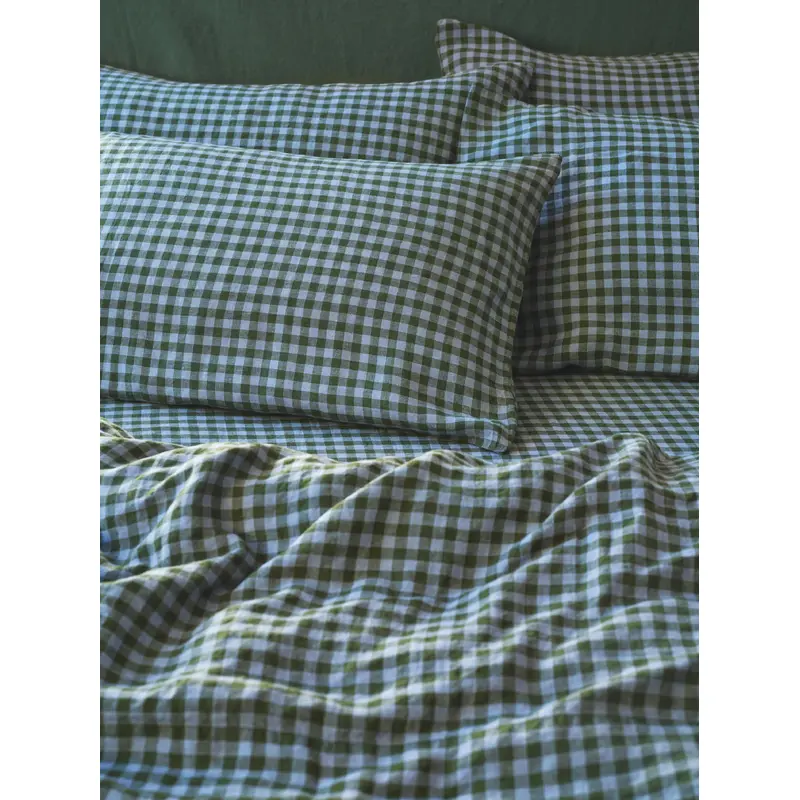 Fern Green & Dusk Blue Color Drenched Gingham 100% Linen Pillowcases (Pair)
