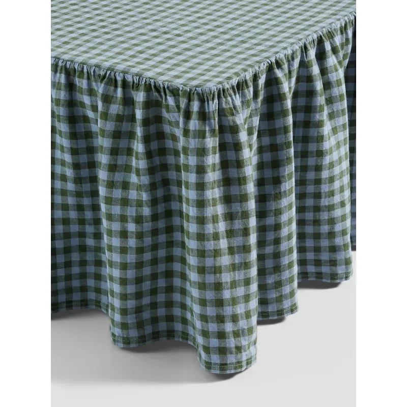 Fern Green & Dusk Blue Color Drenched Gingham Linen Blend Bed Skirt