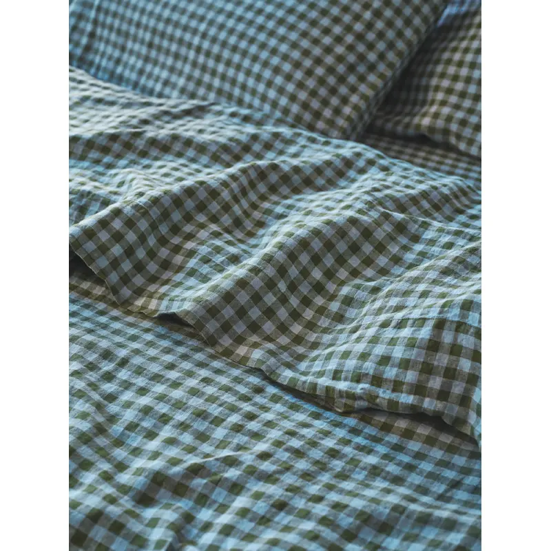 Fern Green & Dusk Blue Colour Drenched Gingham Linen Blend Flat Sheet