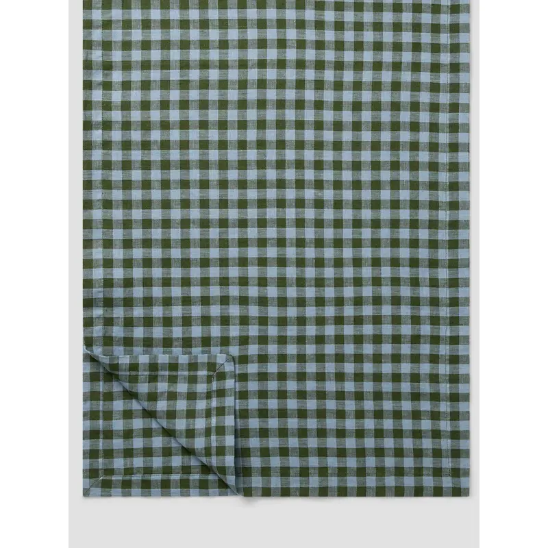 Fern Green & Dusk Blue Color Drenched Gingham Linen Blend Table Runner