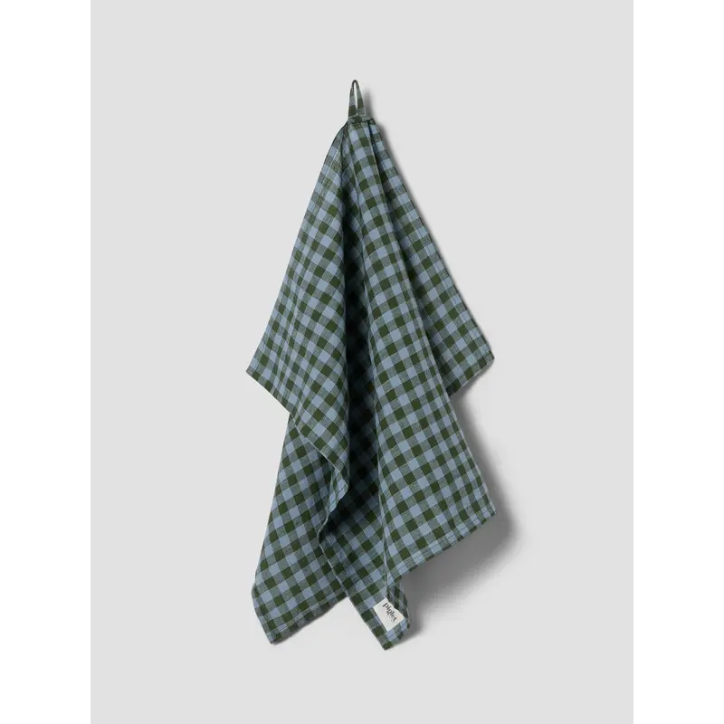 Fern Green & Dusk Blue Colour Drenched Gingham Linen Blend Tea Towel