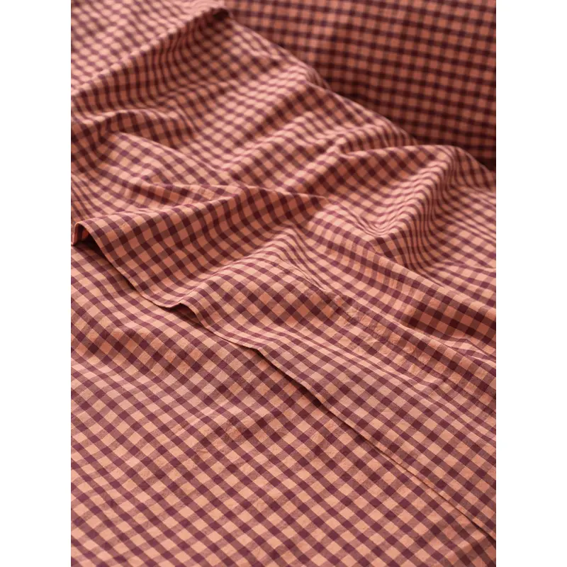 Fig & Blush Pink Gingham Washed Cotton Percale Flat Sheet
