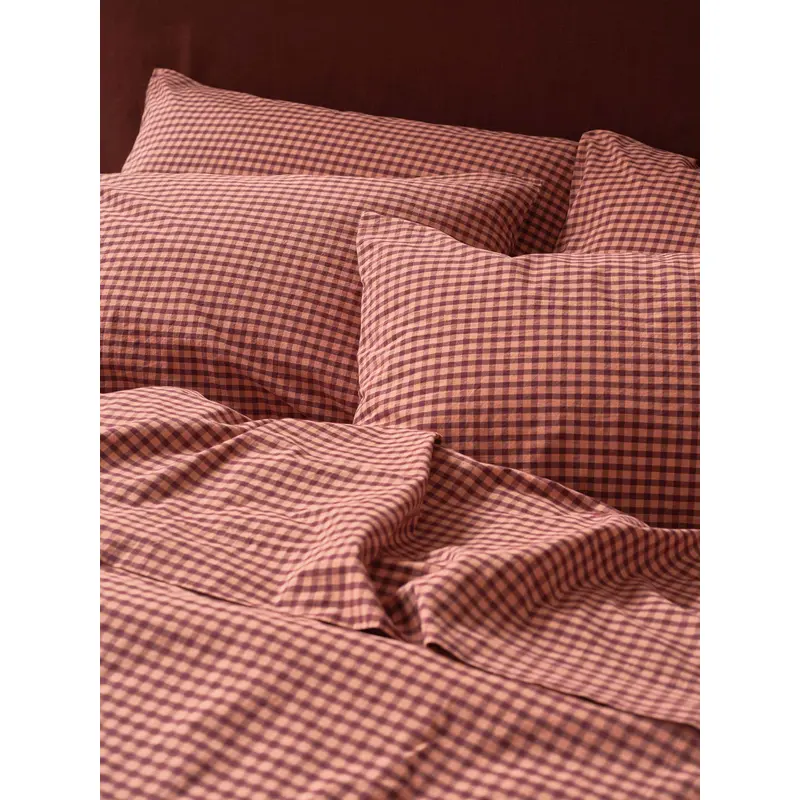 Fig & Blush Pink Gingham Washed Cotton Percale Pillowcases (Pair)