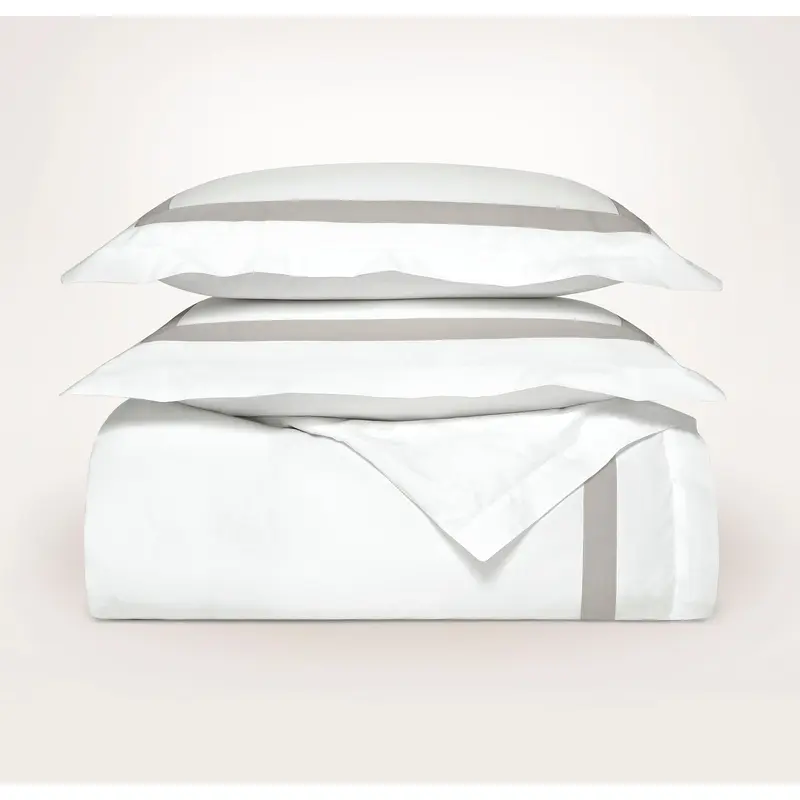 Percale Hemmed Duvet Set - White/Pewter Banded