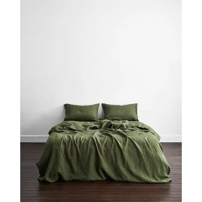 Olive Stripe 100% French Flax Linen Bedding Set