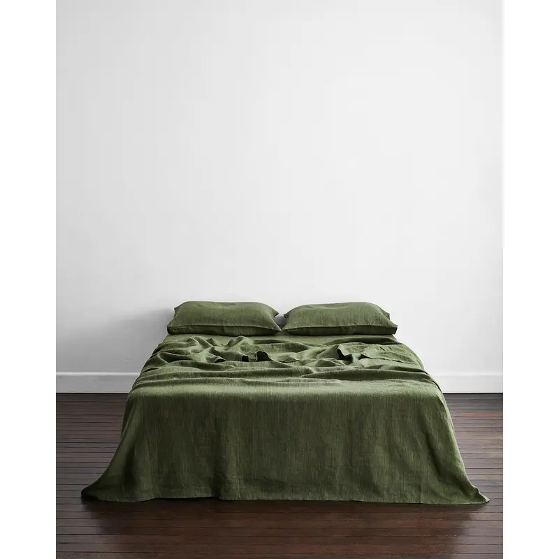 Olive Stripe 100% French Flax Linen Flat Sheet