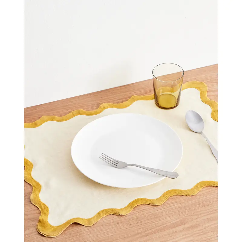Limoncello & Turmeric 100% French Flax Linen Scalloped Placemats (Set of Four)