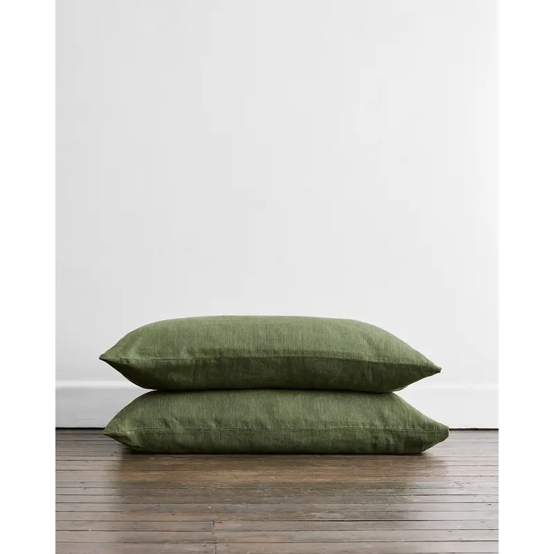 Olive Stripe 100% Flax Linen King Pillowcases (Set of Two)