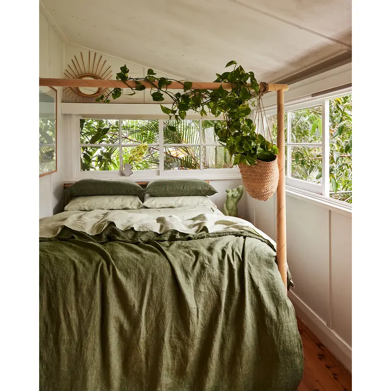 Olive Stripe & Sage 100% French Flax Linen Bedding Bundle