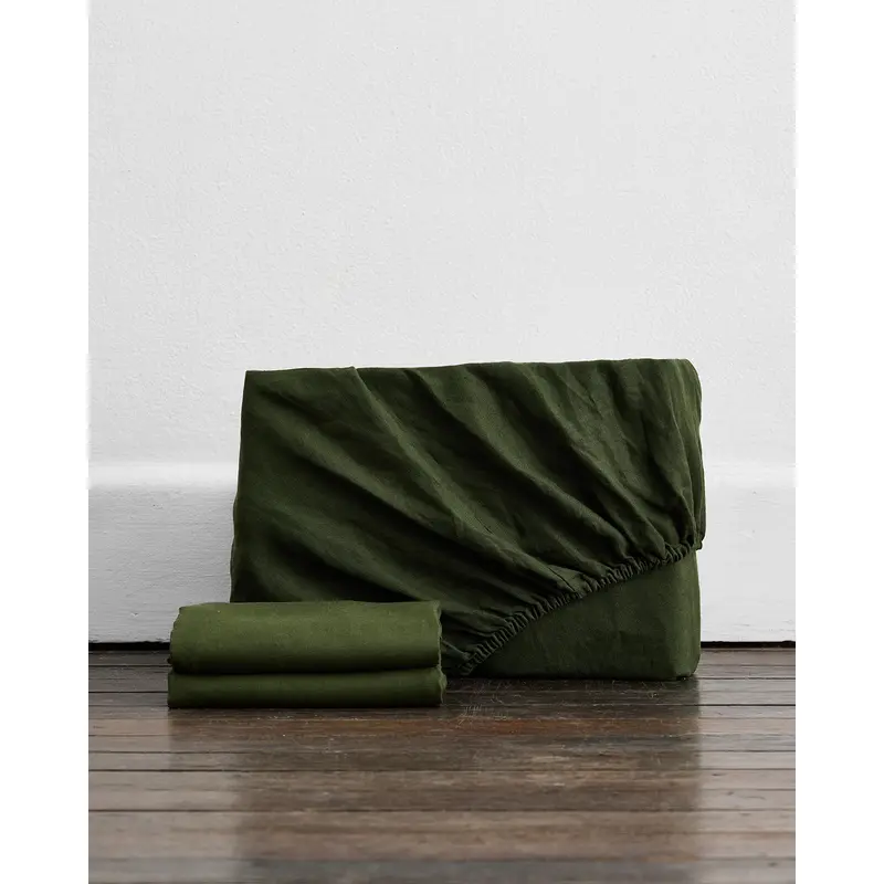 Olive 100% French Flax Linen Fitted Sheet Set
