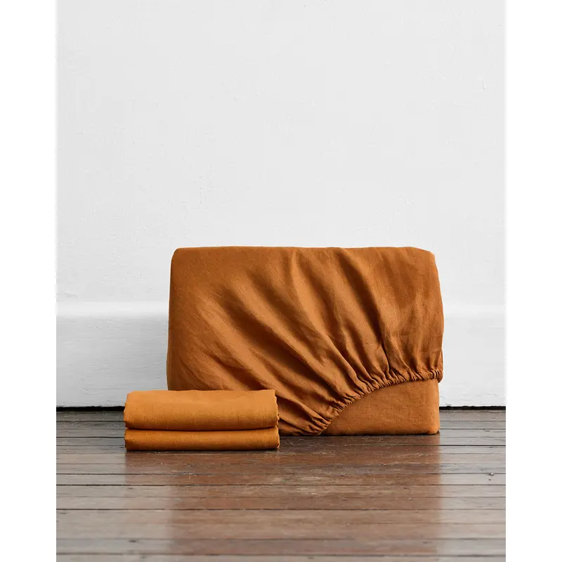 Rust 100% French Flax Linen Fitted Sheet Set