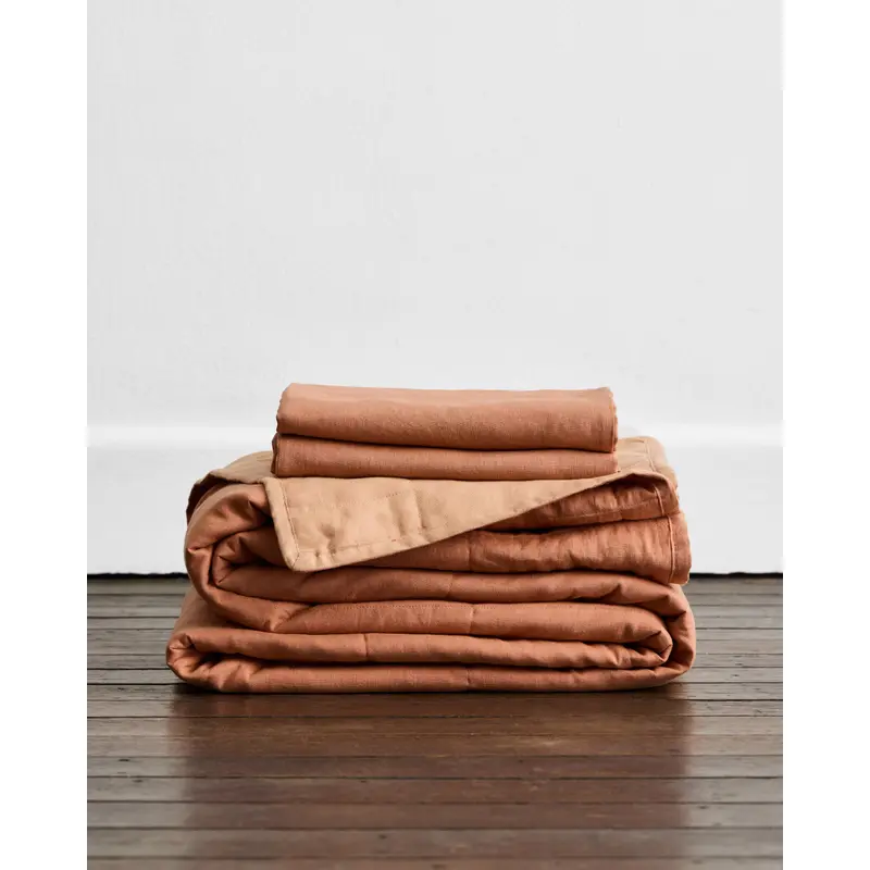 Terracotta & Hazelnut 100% French Flax Linen Quilt Set