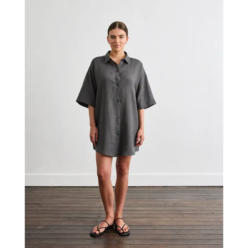 Villa Linen Shirt Dress in Charcoal