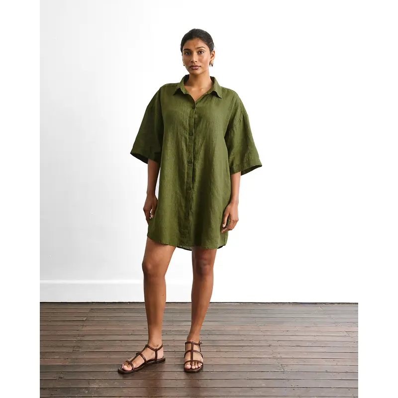 Villa Linen Shirt Dress in Olive
