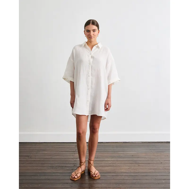 Villa Linen Shirt Dress in White