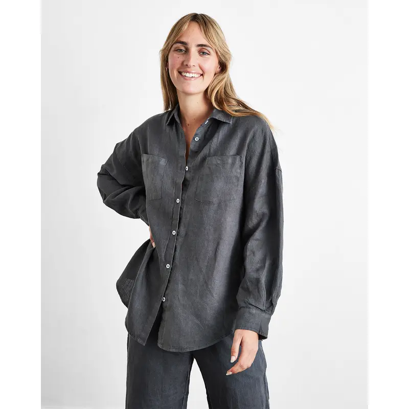 Charcoal 100% French Flax Linen Long Sleeve Shirt