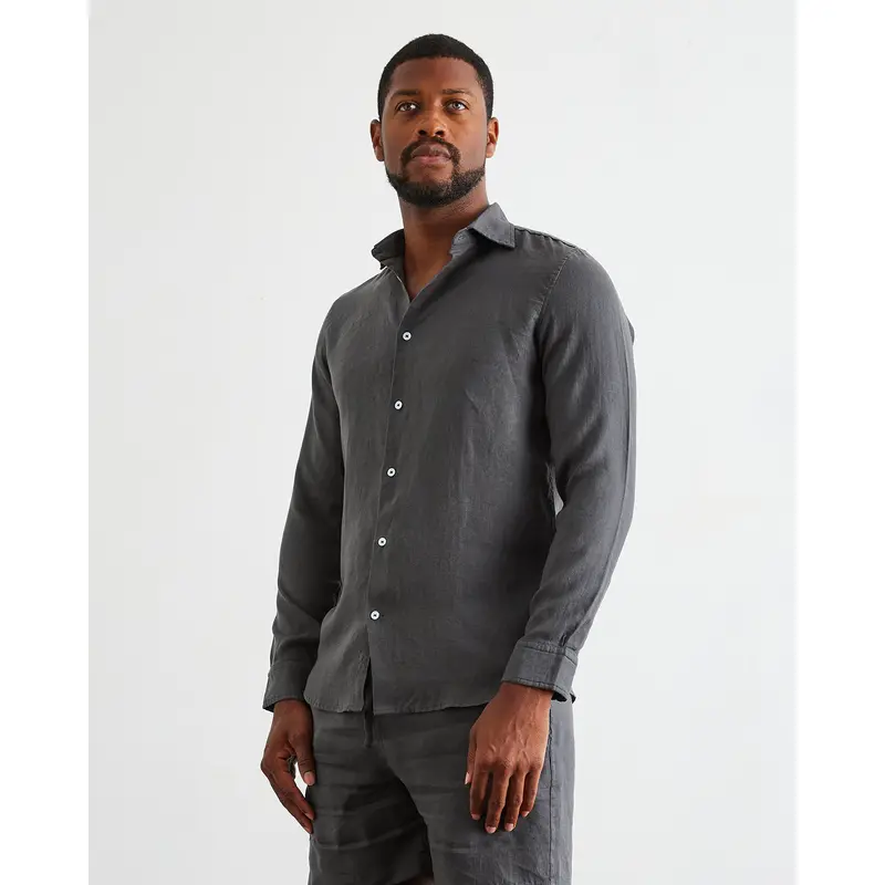 Charcoal 100% French Flax Linen Men's Long Sleeve Shirt
