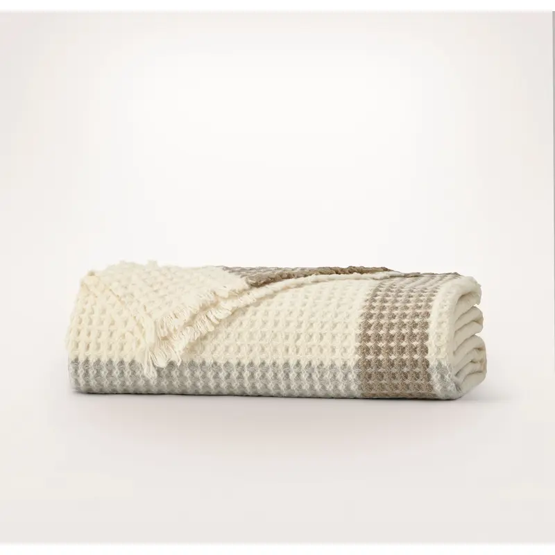 Heirloom Waffle Merino Bed Blanket - Plaid Cream/Pewter/Twig