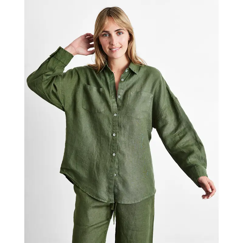 Olive 100% French Flax Linen Long Sleeve Shirt