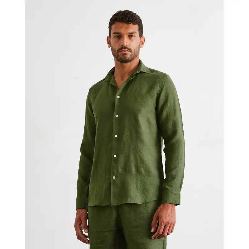 Olive 100% French Flax Linen Men's Long Sleeve Shirt