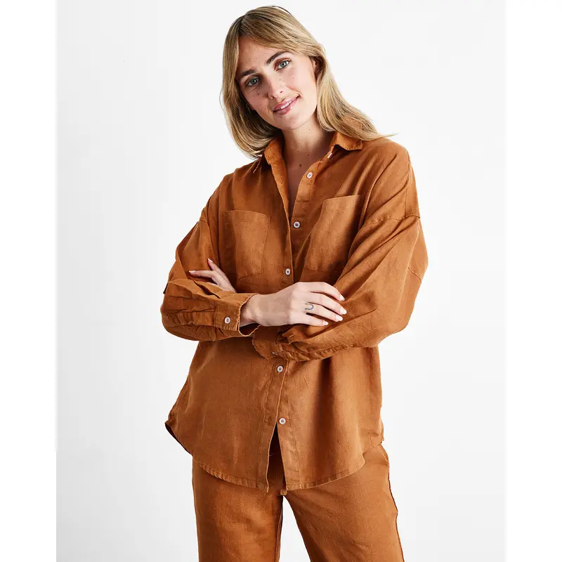Rust 100% French Flax Linen Long Sleeve Shirt