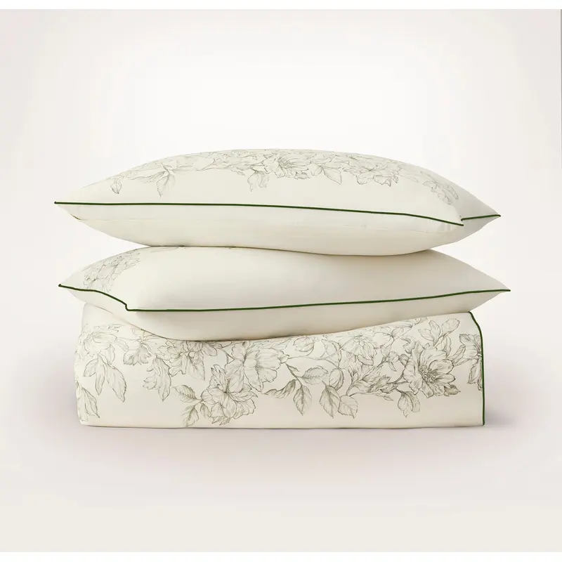 Signature Embellished Duvet Set - Cream/Olivine Etched Peony Piped Edge