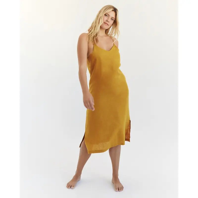 Turmeric 100% French Flax Linen Midi Dress