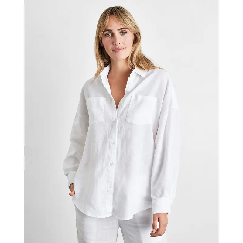 White 100% French Flax Linen Long Sleeve Shirt