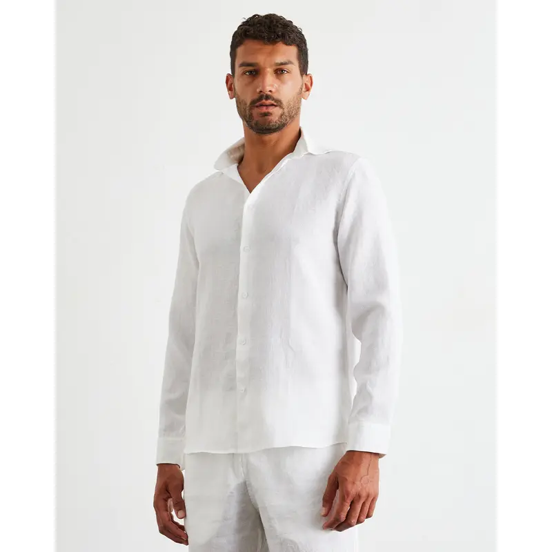 White 100% French Flax Linen Men's Long Sleeve Shirt