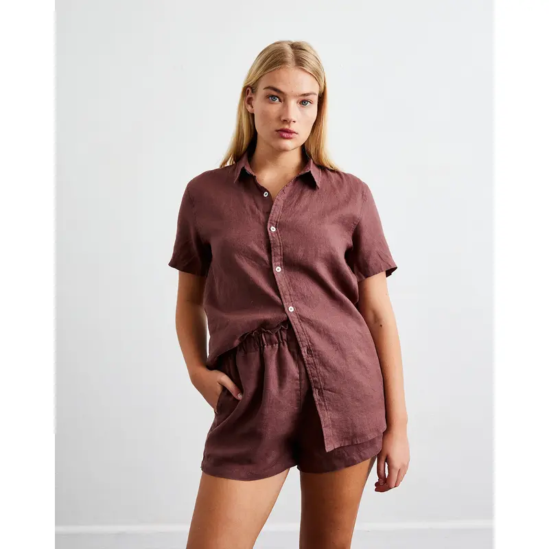 Cacao 100% French Flax Linen Short Sleeve Shirt