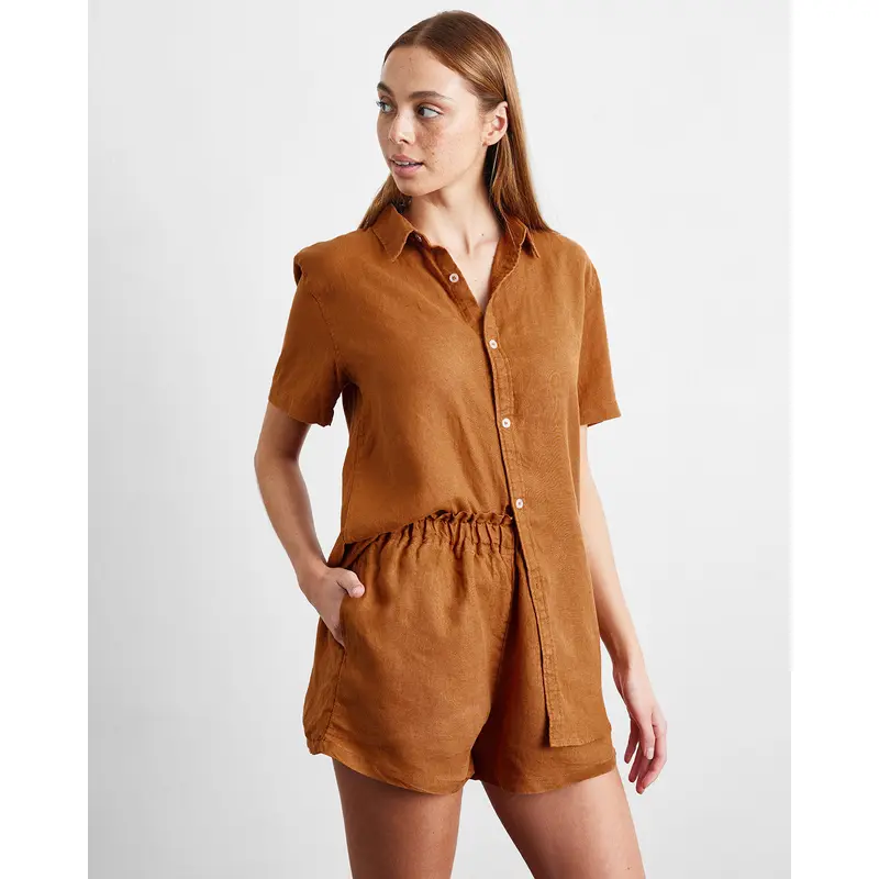 Rust 100% French Flax Linen Short Sleeve Shirt