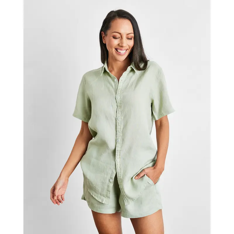Sage 100% French Flax Linen Short Sleeve Shirt