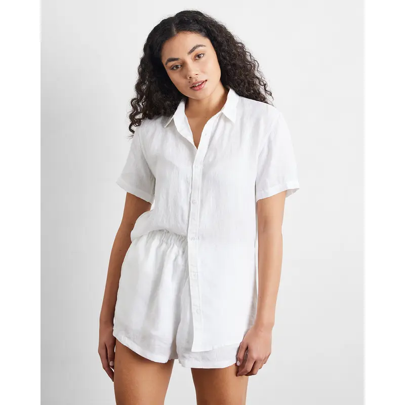 White 100% French Flax Linen Short Sleeve Shirt