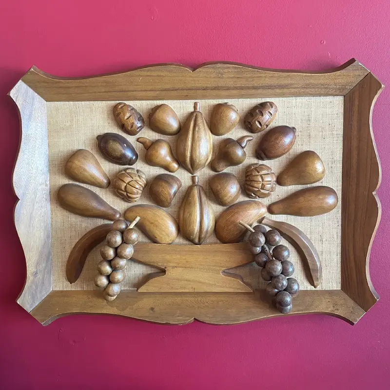 1970's Wooden Fruit on Linen Framed Art - 28" x 26"