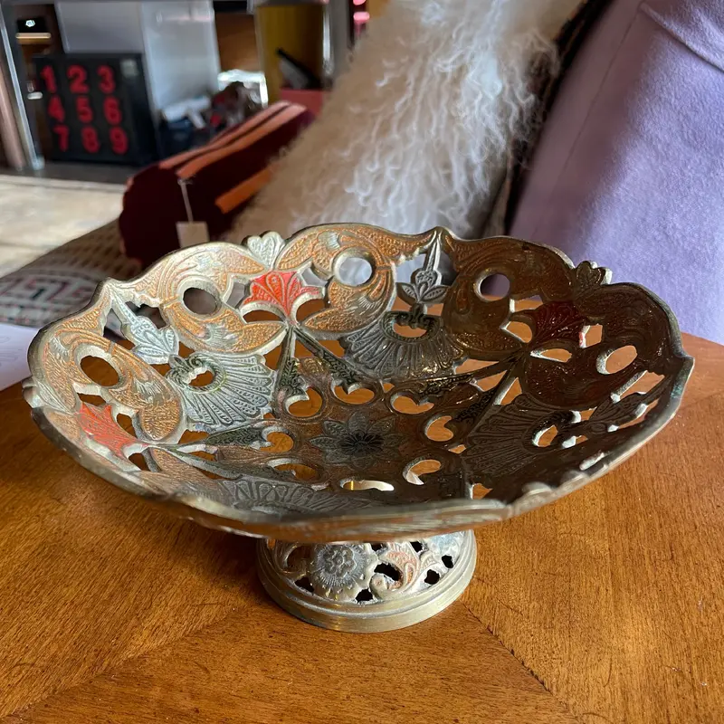 Vintage Indian Enameled Brass Footed Dish