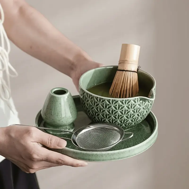 Aoki Japanese Matcha Tea Set  Green Pattern Ceramic Bowl & Bamboo Tools