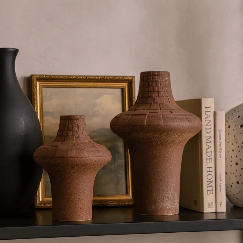 Rustic Terra Plaid Vase  Handcrafted Ceramic Art Dcor