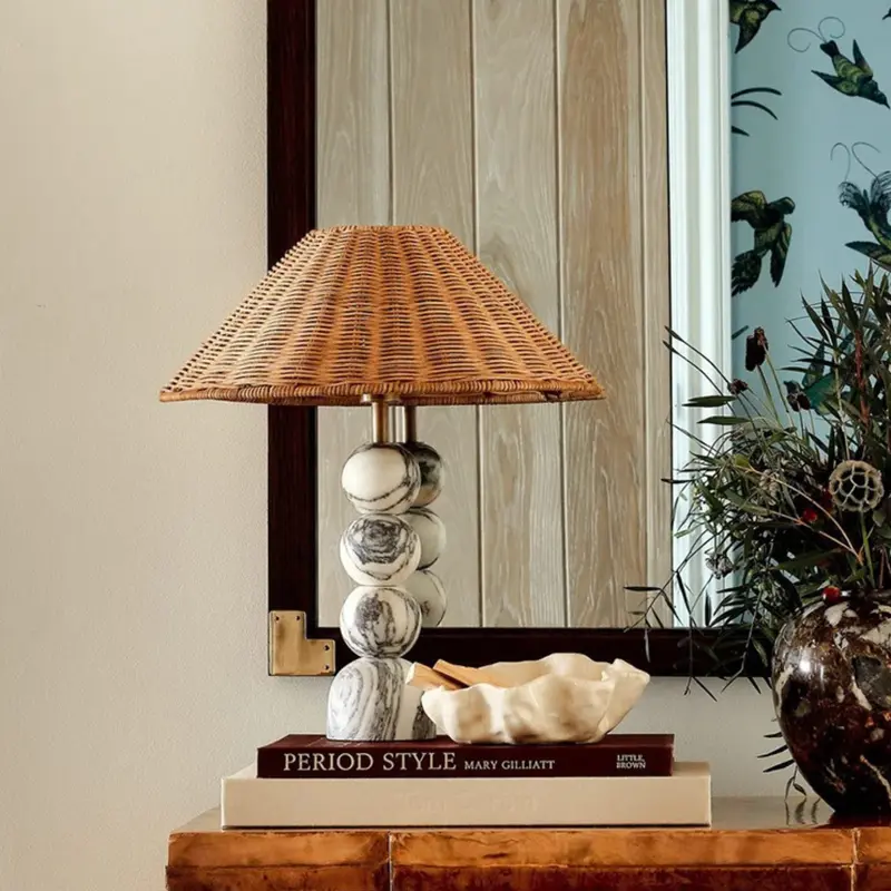 Nordic Bulgari Marble Table Lamp  Rattan Shade Wabi-Sabi Light
