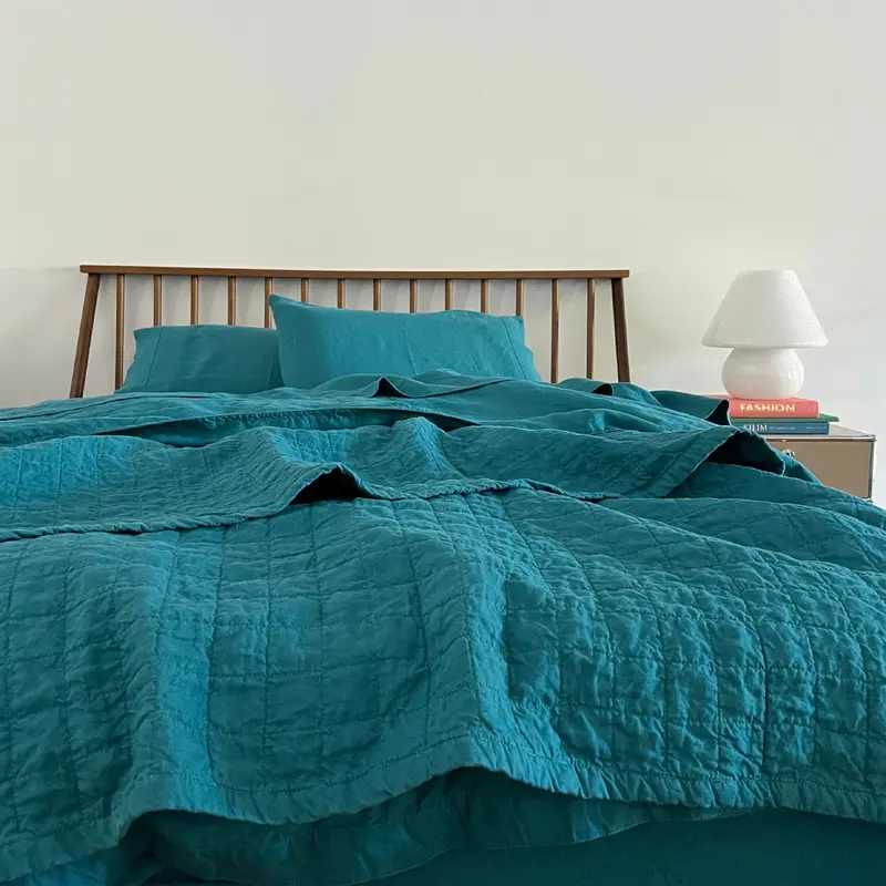 Teal Quilted Linen Coverlet