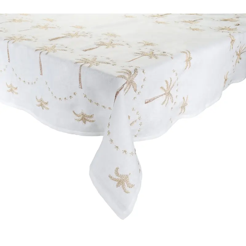 Embroidered Palm Tablecloth in White Natural & Gold by Kim Seybert