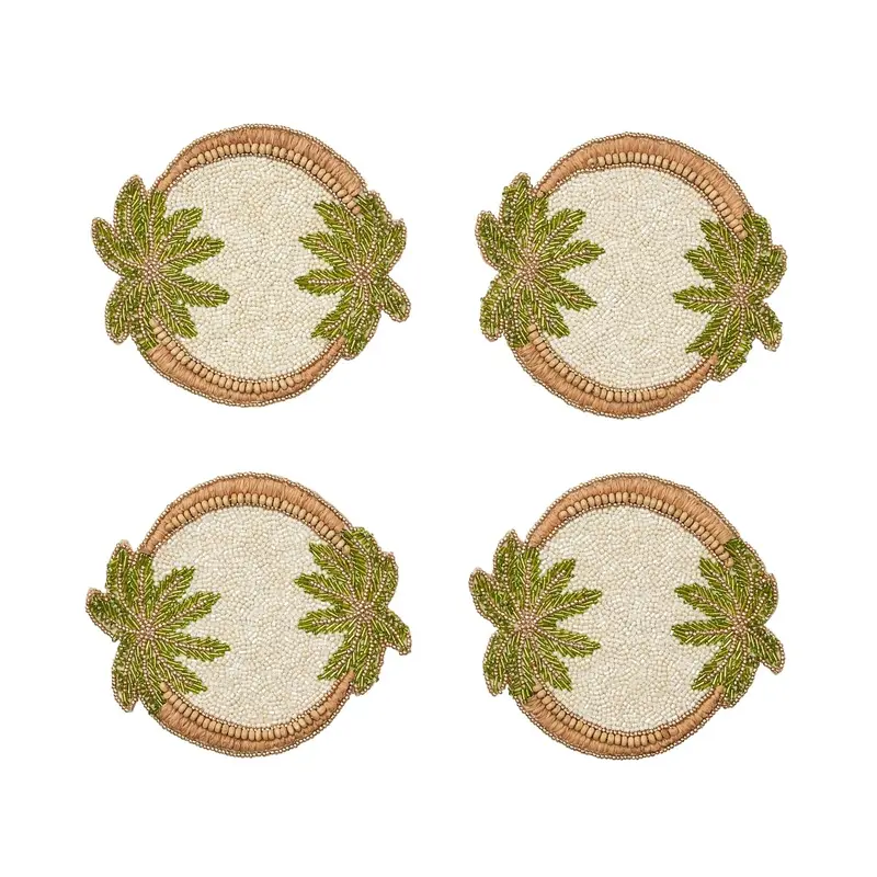 Oasis Coasters in Ivory Green & Gold Set of 4 in a Gift Bag by Kim Seybert
