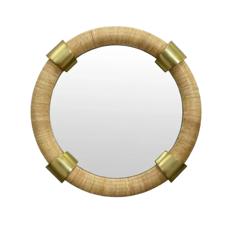 Worlds Away Saylor Round Rattan Wall Mirror With Brass Detail