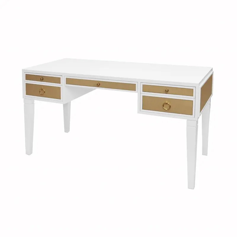 Heidi White Lacquer & Grasscloth Desk with Brass Hardware