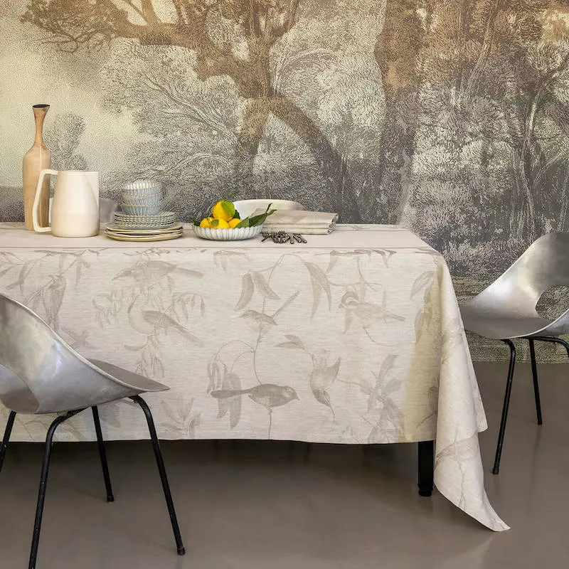 Voliere Beige Table Linens by Le Jacquard Francais