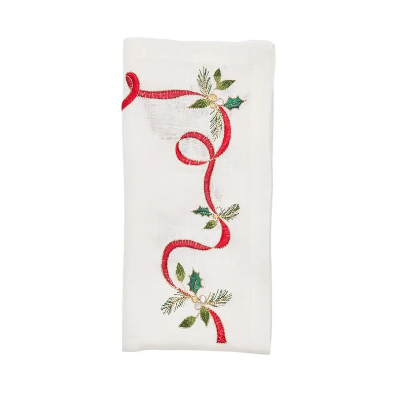 Xmas Ribbon Napkin in White, Red & Green, Set of 4 Kim Seybert