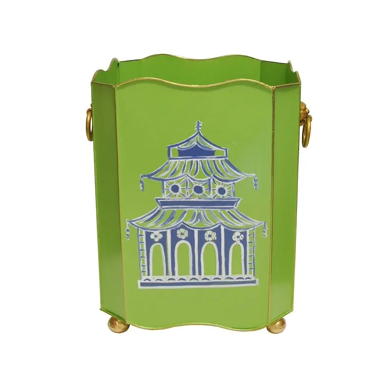 Green Pagoda Wastebasket with Gold Lion Handles