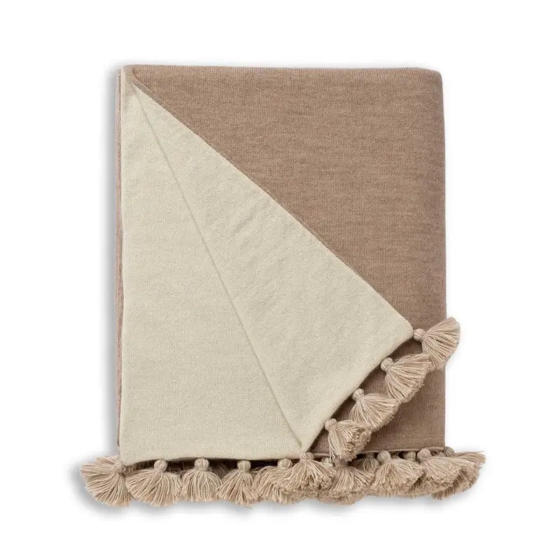 Alicia Adams Alpaca Bali Pompom Throw in Light Taupe and Ivory
