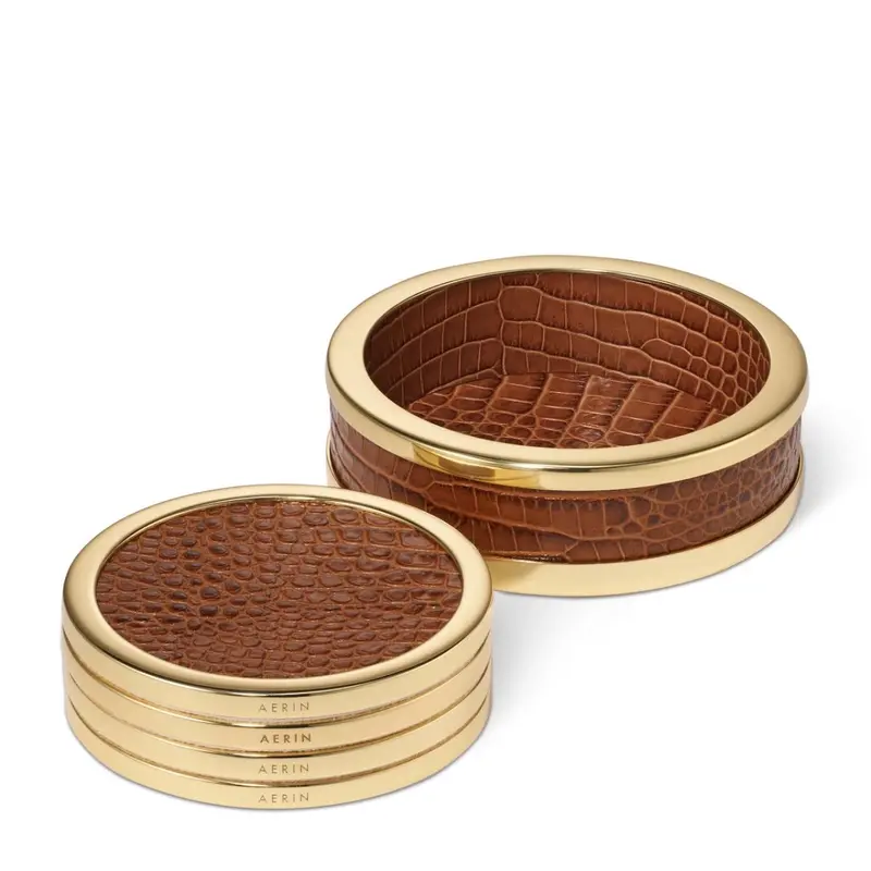 Classic Croc Leather Coasters Set of 4 in Chestnut by AERIN
